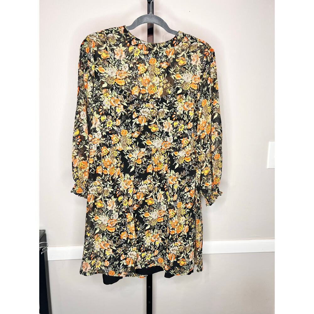 ☀️Knot Sisters Floral Print Puff Sleeve Mini Dress Black/Yellow Women's Size M